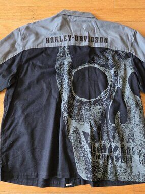 Harley Davidson Motorcycles Shirt Mens Button Up Skull Mechanic Gray XXL 2XL